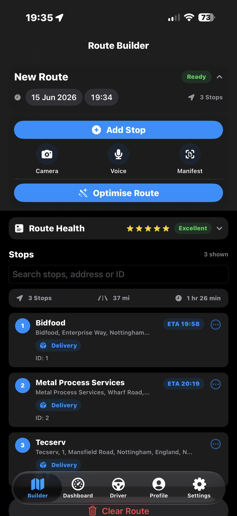 RouteFlow route builder showing a multi-stop delivery route
