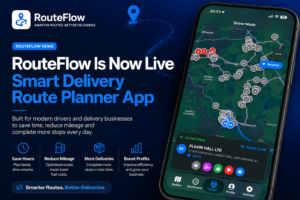 RouteFlow Driver Mode showing multi-stop route optimisation and delivery navigation